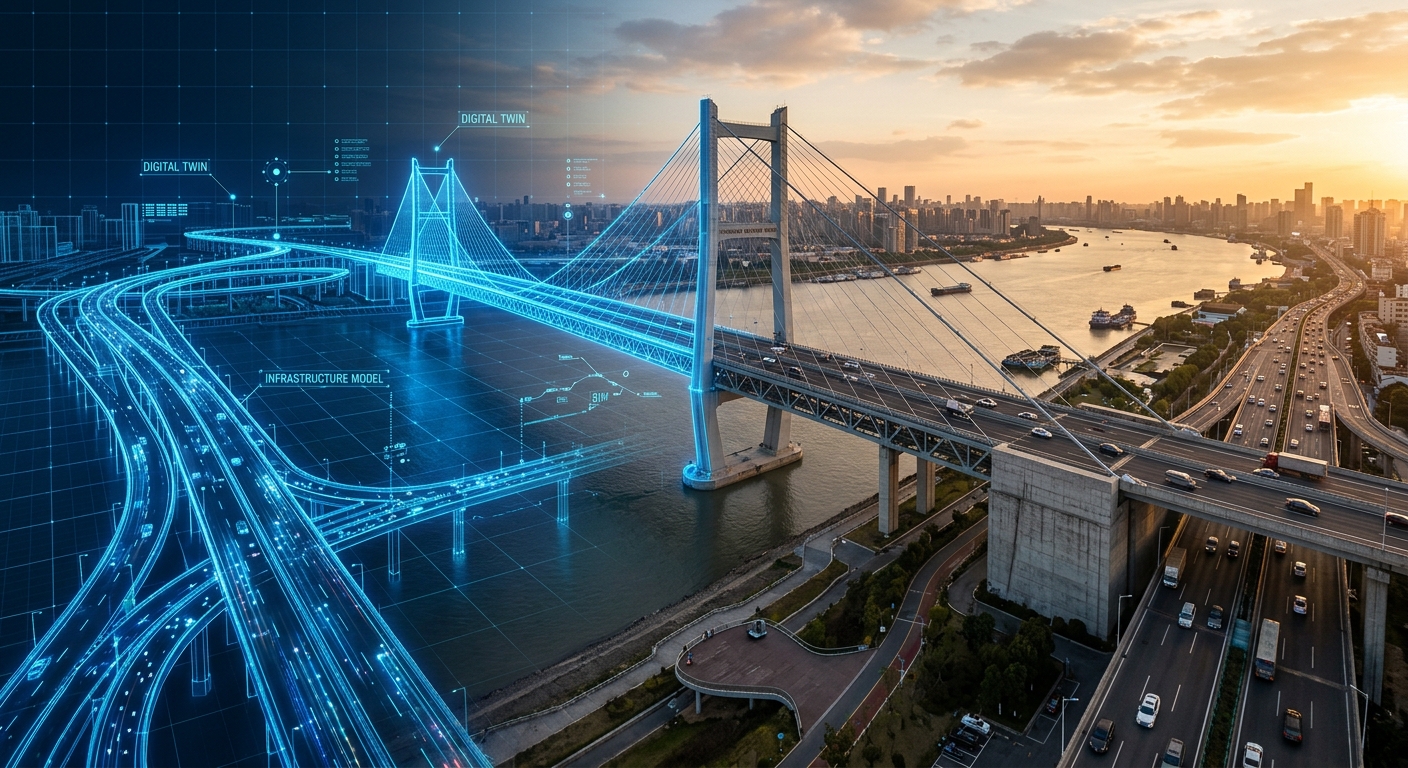 המחשה של טכנולוגיית תאום דיגיטלי (Digital Twin) המציגה מודל תשתית וירטואלי זוהר בכחול מתמזג עם גשר, כביש מהיר ומערכות תנועה בסביבה של עיר חכמה.